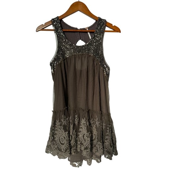 Free People Mirror Mirror Sequin Tunic Top Womens S Brown Cutout Nylon Boho - Picture 1 of 11